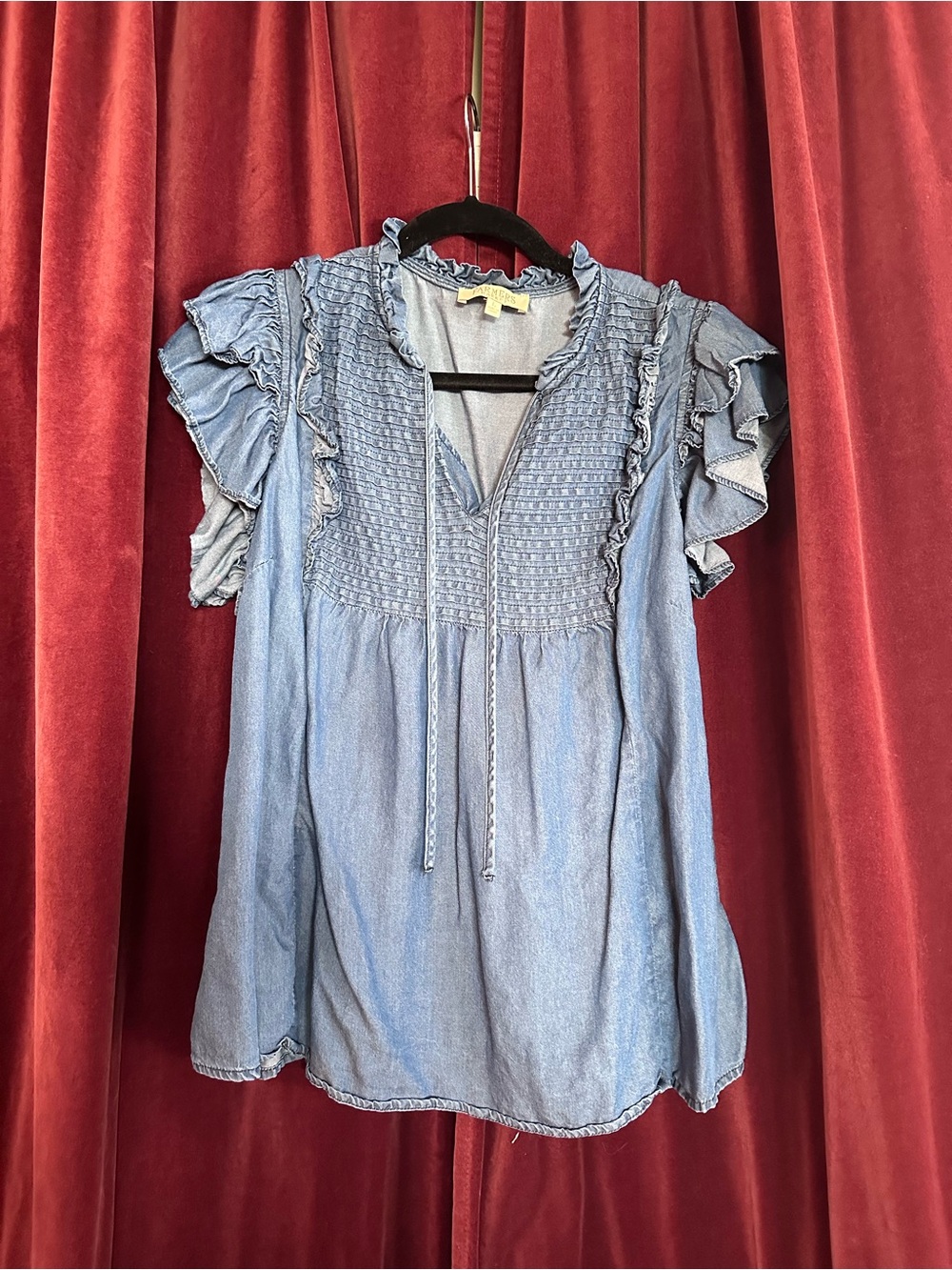 Smocked Yoke Light Blue Ruffle Sleeve Blouse